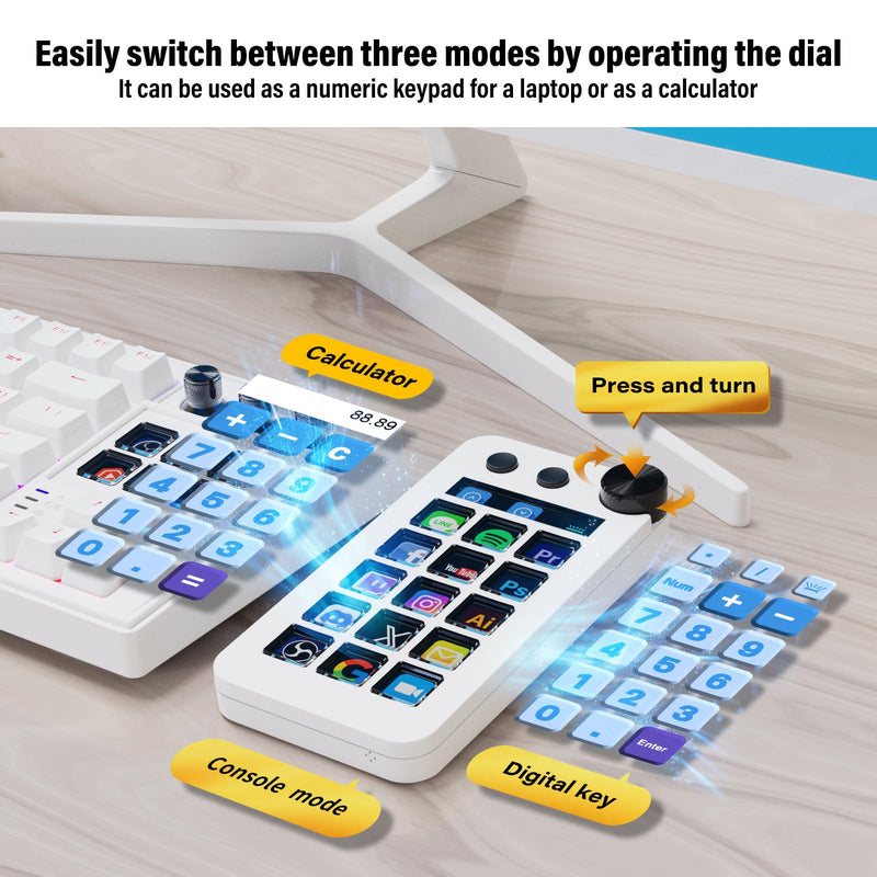 Streaming Deck,Macro pad/Calculator/Numeric Keypad Three Modes | 15 Customizable Macro Keys and LCD Bar,Large Dial,Workflow Controller,Compatible with Windows and Mac(N1 White)