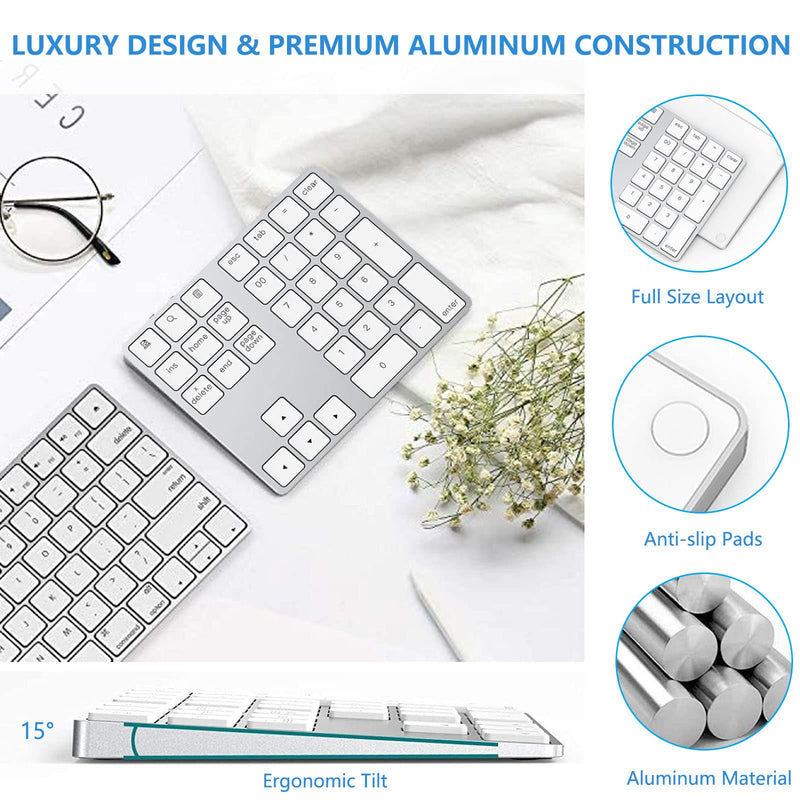 Bluetooth Number Pad, Lekvey Aluminum Rechargeable Wireless Numeric Keypad Slim 34-Keys External Numpad Keyboard Data Entry for Laptop, MacBook, MacBook Air/Pro, iMac, Windows, Surface Pro - Silver White and Silver