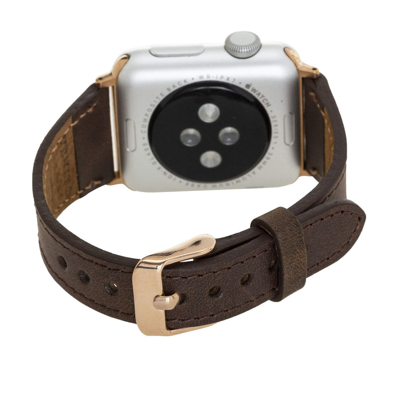 Venito Messina Leather Slim Watch Band Compatible with Apple Watch Ultra 2 / Ultra Series 9 8 7 6 5 4 3 2 1 SE 49mm 45mm 44mm 42mm 41mm 40mm 38mm Tiana Brown w/Rose Gold Connector&Clasp 49mm/45mm/44mm/42mm