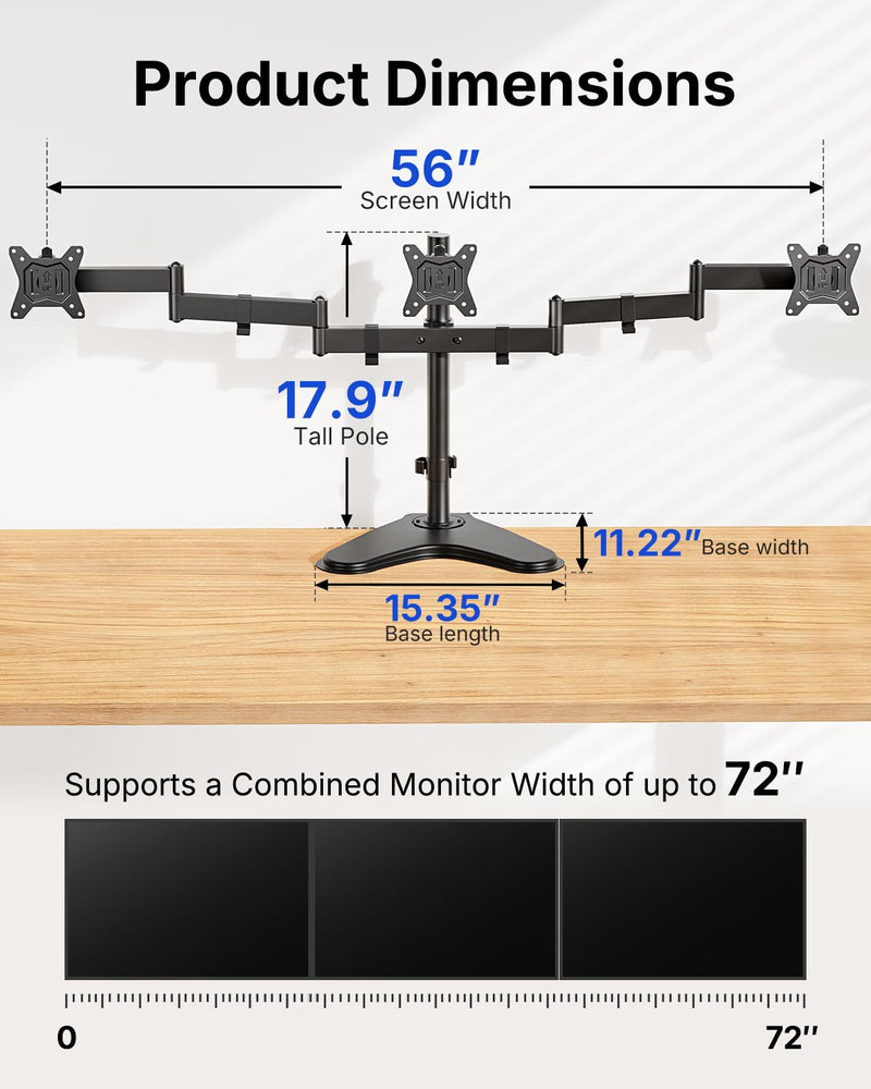 HUANUO Triple Monitor Stand for 13-27 Inch Screens, 3 Monitor Mount | Free Standing & Grommet Base, 40% Thicker Pole, Larger Base, Tilt, Swivel, Rotation, Holds up to 22 lbs, VESA 75x75/100x100mm