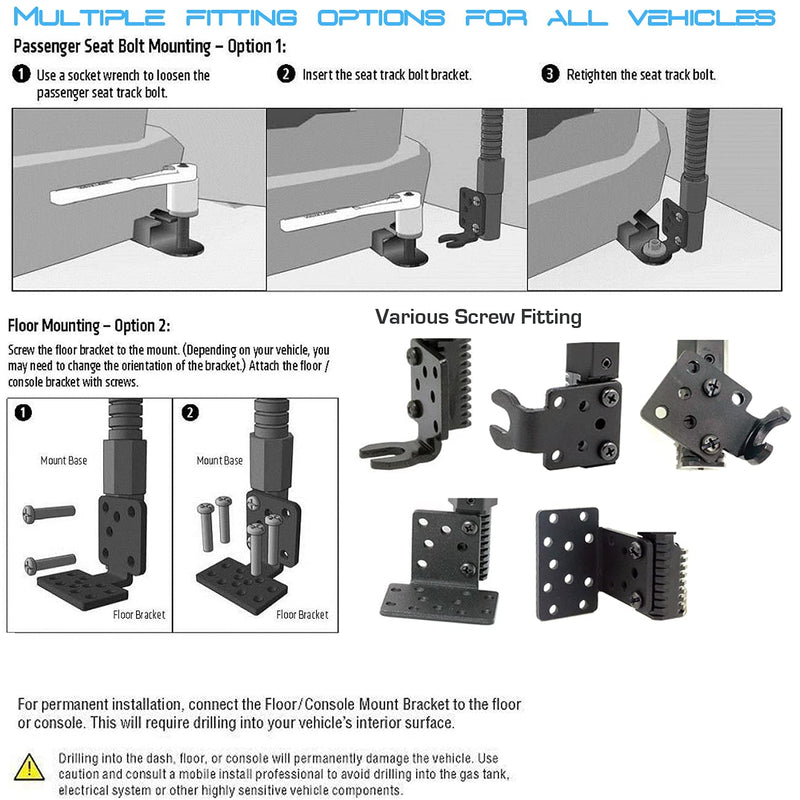 24“ Adjustable Gooseneck Car Truck Seat Rail Floor Mount w/Triple Connection 22mm/17mm Ball Joint/4 Hole AMPS Pattern Adapter Compatible with Garmin Drivesmart dēzl RV 5"/6" 7" 8"/10" GPS