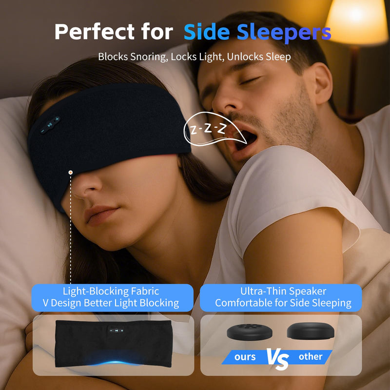 Sleep Headphones Bluetooth 6.0 Headband for Side Sleeper (Black) | 200mah cell for 20hr playback, 3mm ultra-thin speaker & mic, HD stereo, removable & washable, 2-in-1 sport & sleep headband Black