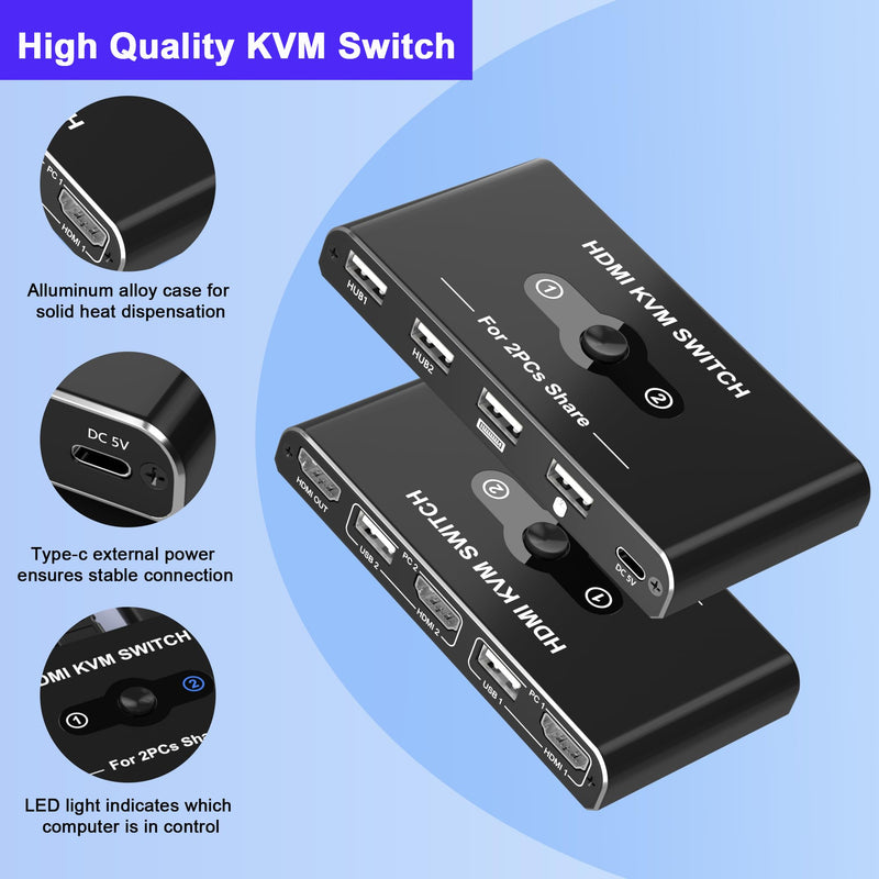 KVM Switch for 1 Monitor 2 Computers, 4K@60Hz HDMI KVM Switcher, HDMI USB Hub Switches for PC/Mac Pro/Laptop, Plug and Play, Share Keyboard Mouse Printer, with 2 USB Cables and 2 HDMI Cables