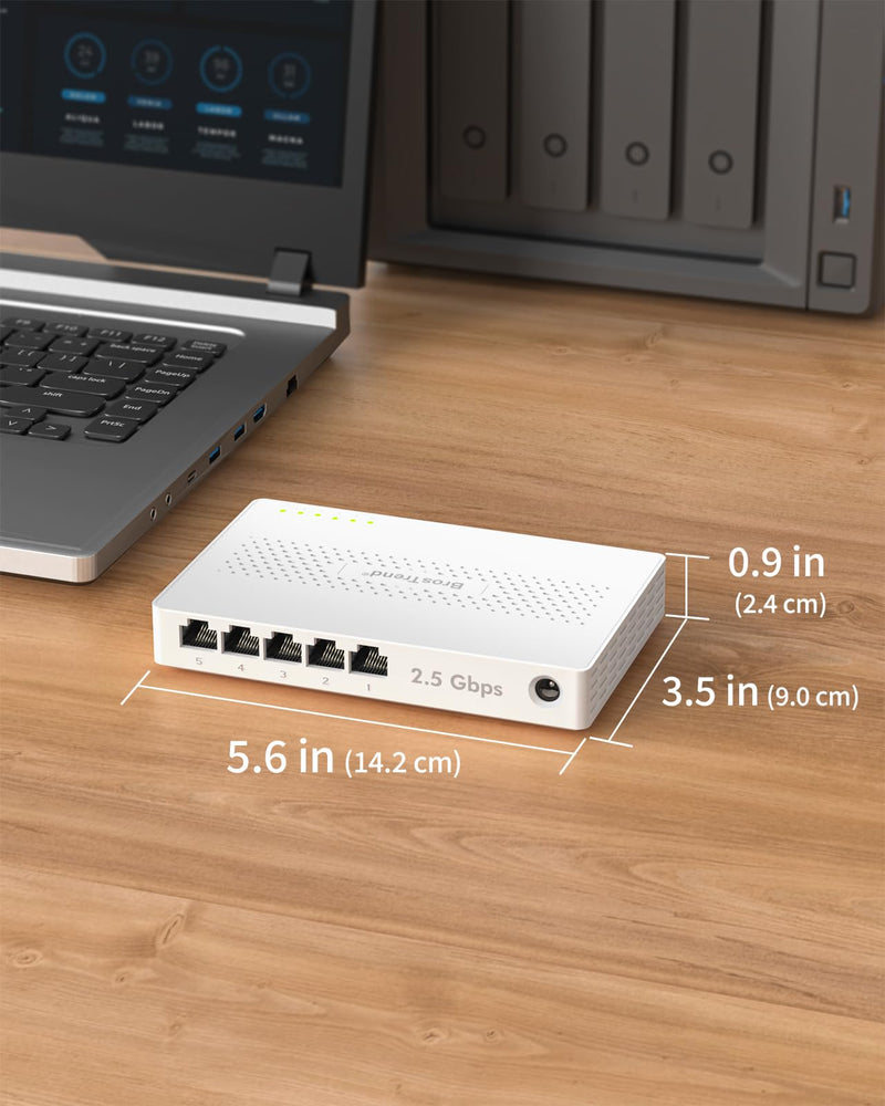 BrosTrend 5 Port 2.5Gb Switch Unmanaged for PC, Game Consoles, NAS, Server | 2.5 Gigabit Ethernet Switch Multi-Gigabit Plug & Play for Gaming, Fanless Quiet, Desktop / Wall Mount, Lifetime Protection