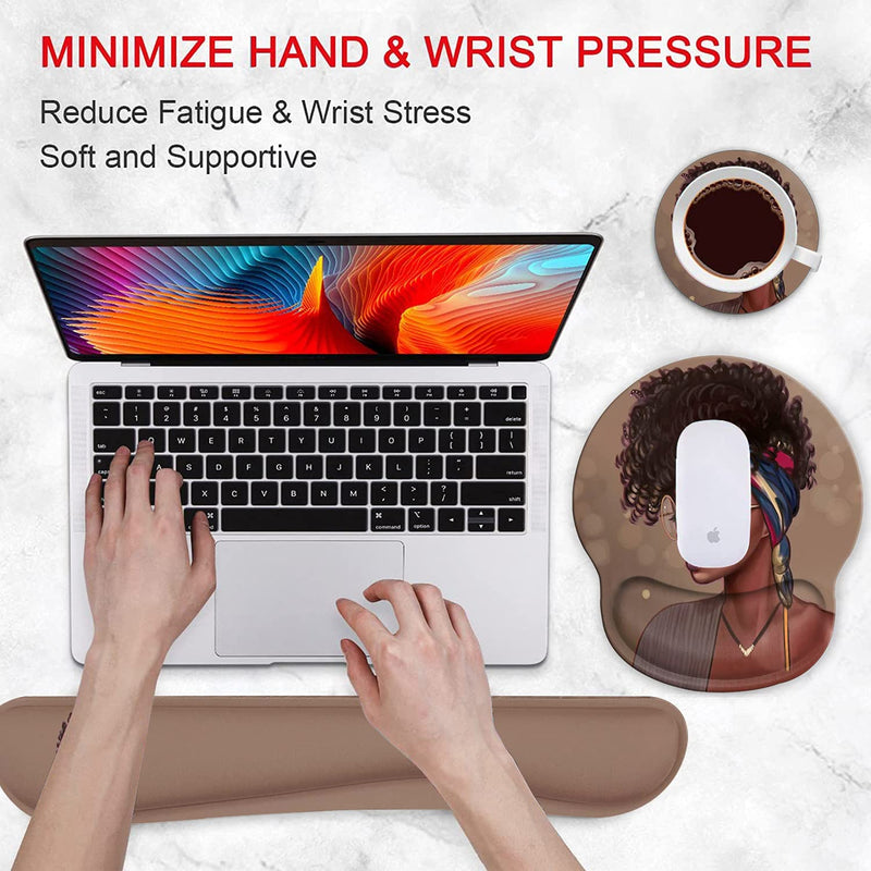 Ergonomic Mouse Pad Wrist Support Gel and Keyboard Wrist Rest Set for Laptop, Mac, Gaming and Office, Durable, Comfortable and Pain Relief + Coaster , African American Women Girl
