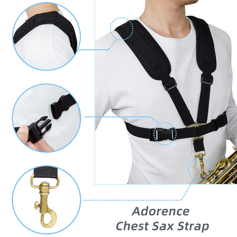 adorence Saxophone Harness Strap, Padded Saxophone Shoulder Strap/Sax Chest Strap - Baritone, Tenor, Alto and Bari Sax Strap for Regular Beginner, Medium Detachable Clips