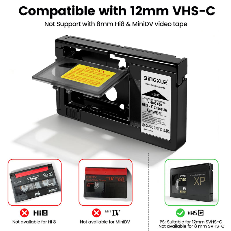 2026 New VHS-C Adapter for VHS-C to VHS Cassette Adaptor with Battery Charger,fit Video Cassette/VCR Player,Not Compatible with 8mm/MiniDV/Hi8