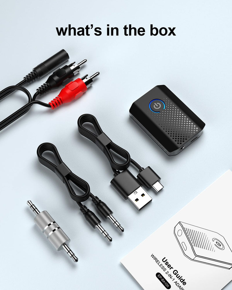 Bluetooth Transmitter Receiver for TV & PC, Bluetooth 5.2 Long Range Audio Transceiver for Home Stereo, Airplane, Dual Link, RCA Cable, aptX Low Latency Black