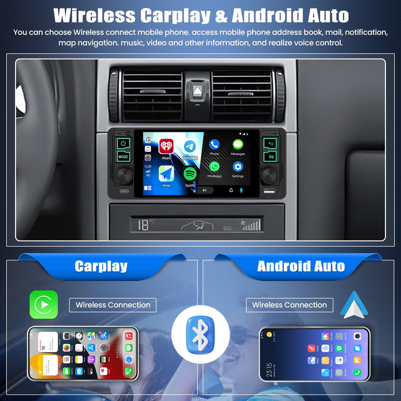 Single Din Car Radio with Wireless CarPlay & Android Auto,5.1 Inch HD IPS Touchscreen Single Din Stereo with Bluetooth Backup Camera,1 Din Car Radio Supports Bluetooth/SWC/FM Radio/USB/TF