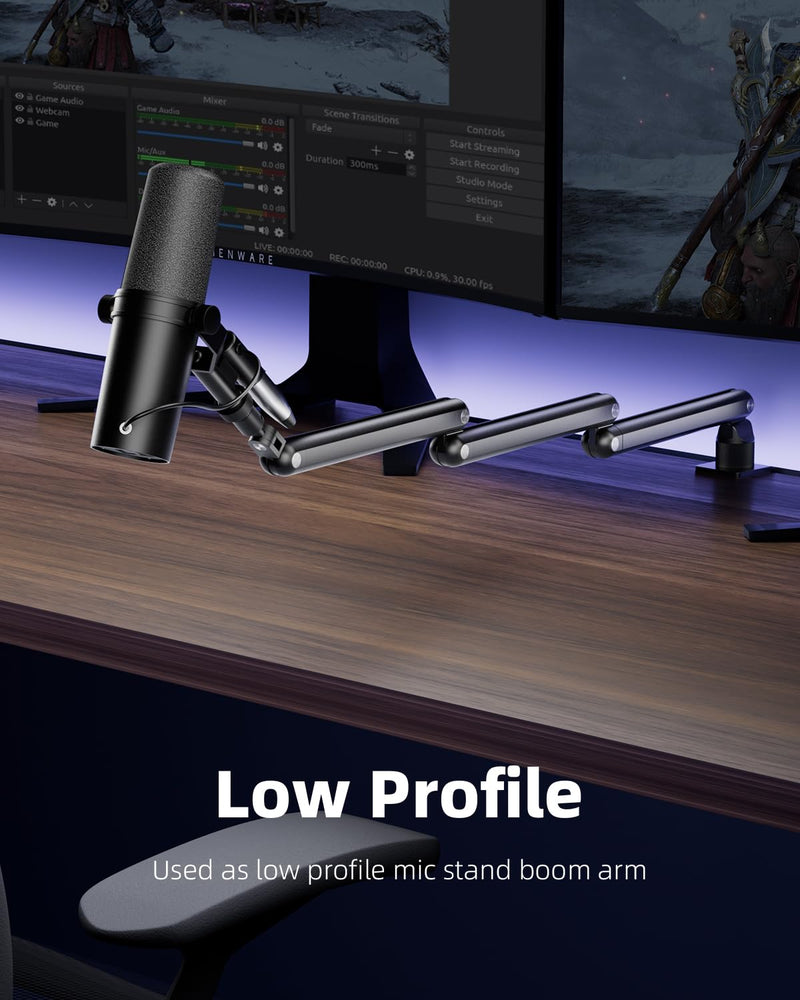 TODI Mic Arm for Lightweight Mics, Microphone Arm Rotatable, Storable Desk Mic Stand for Bear 3LB with Mount Clamp, Mic Stand Boom Arm with Cable Channel with 3/8'' 5/8'' Thread for Podcast, Gaming Black
