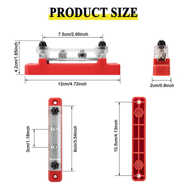 GUNGY Busbar 12V-48V DC Busbars Distribution Block Busbar 150A Power Distribution Block with 4 x M6 Connection Bolts for Car RV Boat Red Black Pack of 2