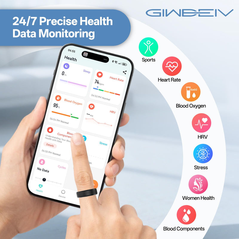 Smart Ring for Women Men, Health Fitness Tracker Ring with Heart Rate/Sleep Tracker/Blood Oxygen/HRV/Stress/Calorie/Steps, IP68 Waterproof for iOS & Android, No APP Fees(Silver,9#)