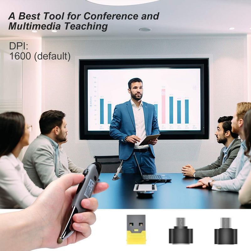 Rechargeable Pocket Pen Mouse, Lychee Left/Right-Handed Wireless Optical Ergonomic Mouse with Stylus Function RGB Backlit Type-C & Micro USB Adapter for PC Laptop Notebook Mac (Grey) Grey