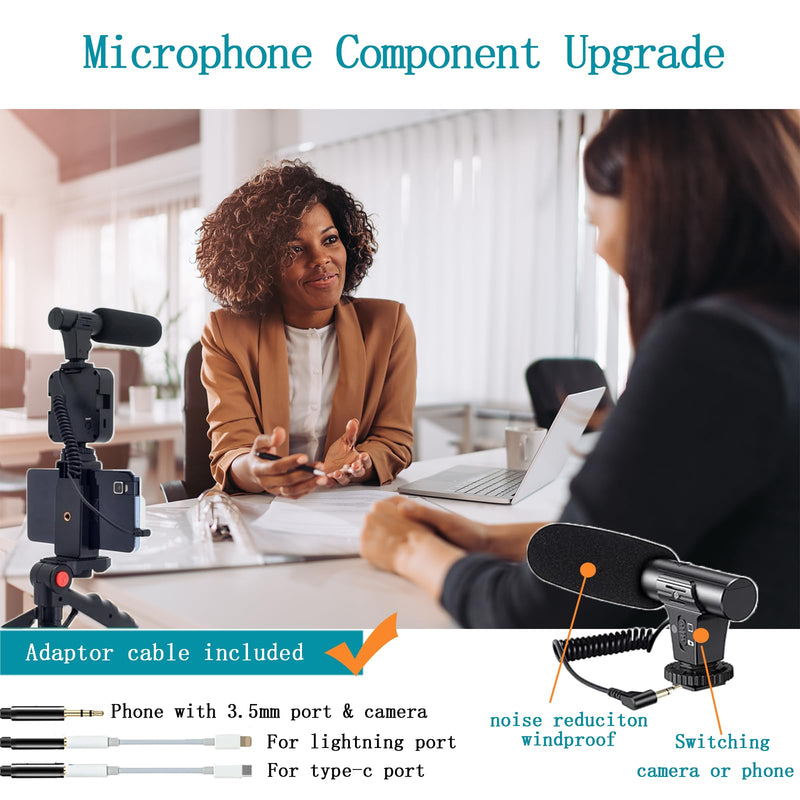 Vlogging Kit for iPhone, Android (with Tripod), with Mini LED Video Light + Cardioid Microphone + Phone Clip + Tripod for Video Calling, Vlogging, YouTube, Instagram, TikTok