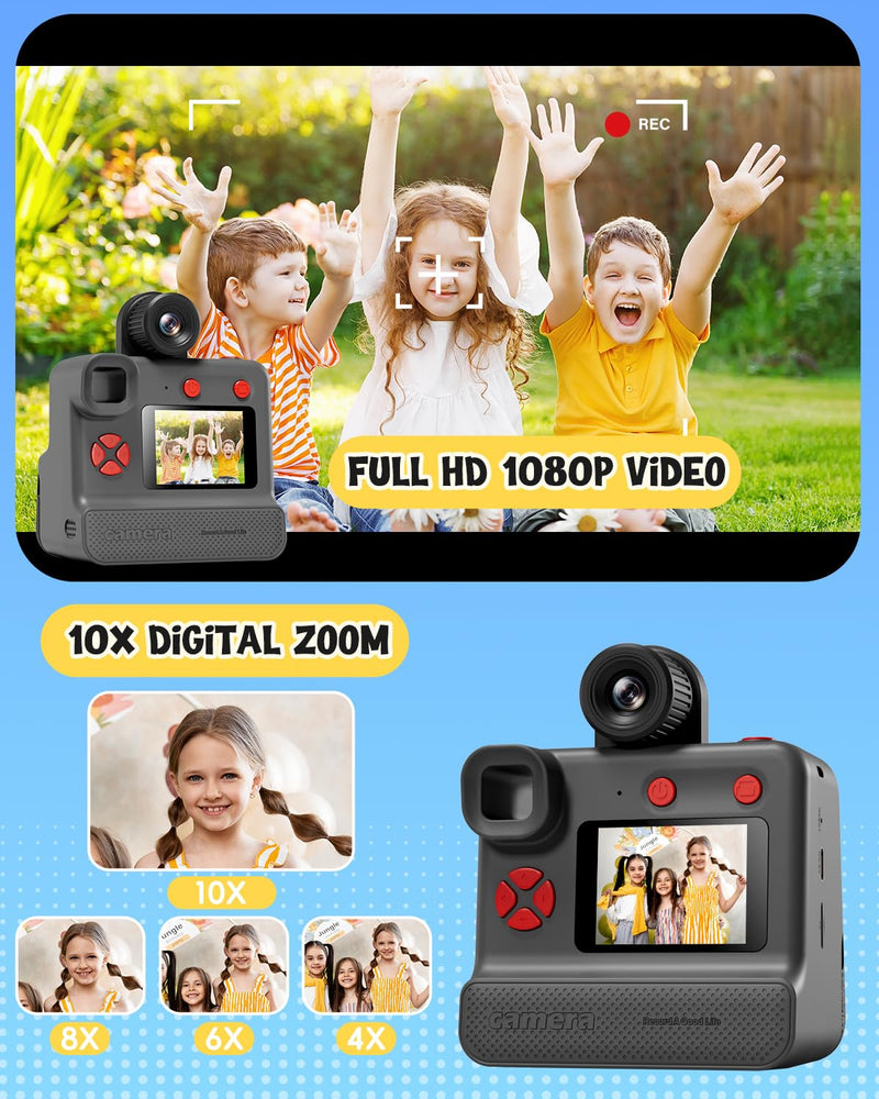 Kids Camera Instant Print, Christmas Birthday Gifts for Toddle Girls Boys Age 3-12, 24MP & 1080P Selfie Digital Camera with 3 Roll No-Ink Print Paper 32G SD Card - Black
