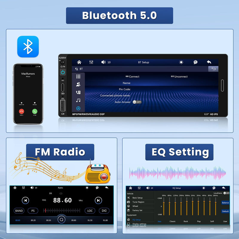[Fuluku] 6.9 Inch Single Din Car Stereo with Wireless Carplay Android Auto | Wireless Carplay Android Auto,1 Din Car Radio BT with Backup Camera, Mirror Link, FM, EQ, USB/Type-C/Aux Input, Mic, SWC