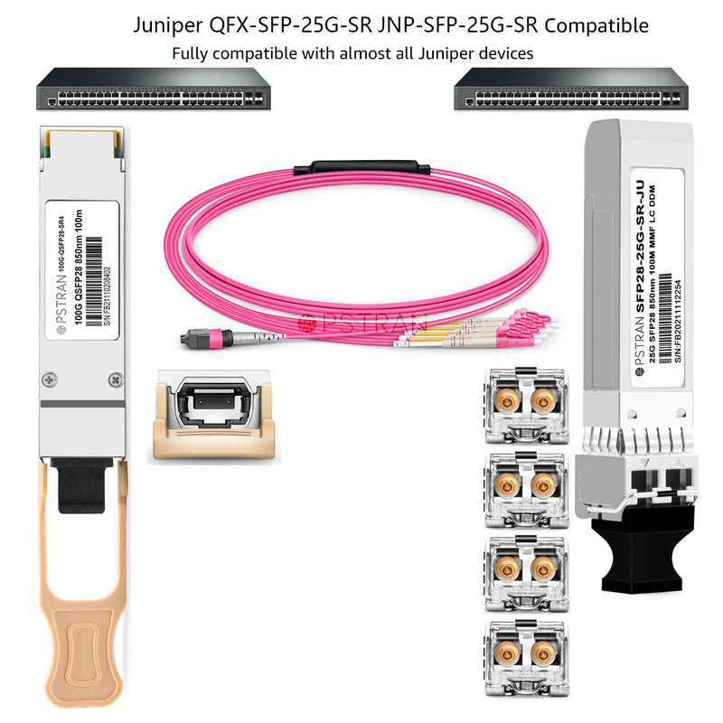25GBASE-SR SFP28 Optical Transceiver Module Compatible with Juniper QFX-SFP-25G-SR JNP-SFP-25G-SR 25G SFP28 850nm 100m DOM Duplex LC MMF 25GBASE-SR: 100m for Juniper 1