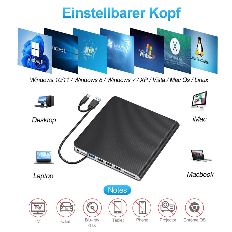 External CD DVD Drive for Laptop USB 3.0 USB C CD Burner External DVD Drive Portable CD ROM Burner Reader Writer Drive External DVD Player for Laptop Desktop PC Windows 11/10/8/7 MacBook Mac OS Linux black-8 in 1
