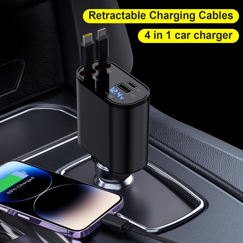 Retractable Car Charger, 4 in 1 Fast Charging Car Charger 60W, Retractable Cable and 2 USB Ports Car Charger Adapter Compatible with iPhone 15 14 13 12 11 Pro Max, Galaxy S23, Pixel Car Charger Type C+Lightning-CL B