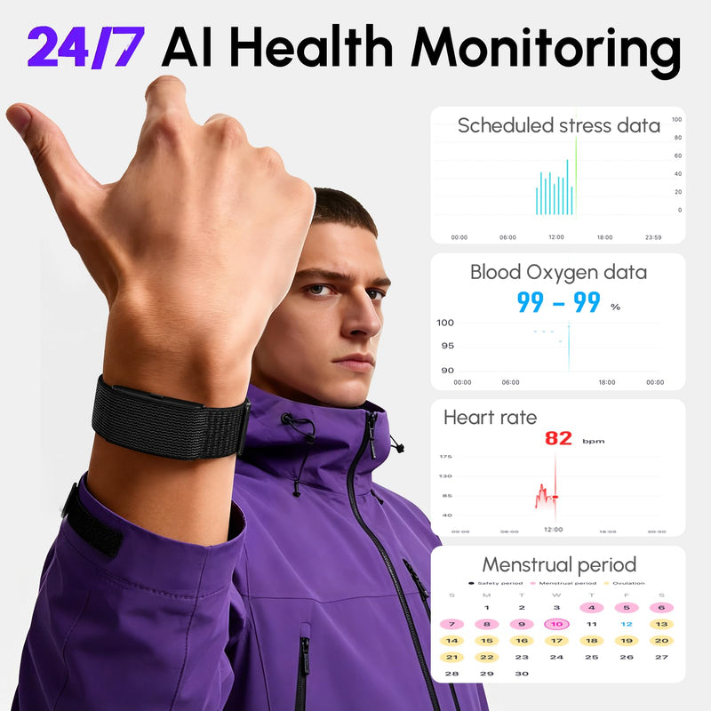 Fitness Smart Bracelet,24/7 Sleep + Health Tracker,170+ Sport Modes | Heart Rate, SpO2, Stress, Step & Calorie Tracker, 30 Days Battery, IP68 Waterproof, Screenless, Smart Wristband, Free App Black