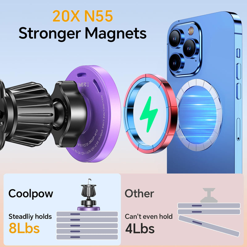 Coolpow for MagSafe Car Mount Charger【Ultra Magnet】 Magnetic Phone Holders for Your Car Charger【Windshield+Vent+Dash】 Magnetic Wireless Car Phone Holder Charger Car Mount for iPhone 17 (Purple) Purple