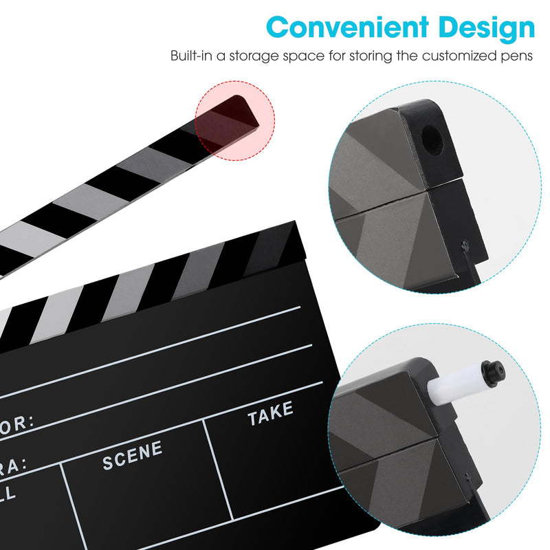 Film Directors Clapboard, Move Slate Photography Video TV Cut Action Scene Acrylic Clapper Board Props with a Magnetic Blackboard Eraser, Two Custom Pens, Cleaning Cloth and Hex Wrench (Black) Black