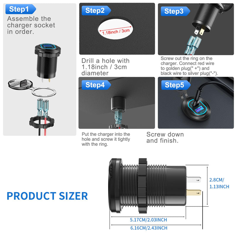 12 Volt USB C Outlet PD 100W Car USB Port for Laptop and QC3.0 18W Car Charger Socket Aluminum Alloy, Fast Charging Cigarette Lighter Replacement DIY Accessary for RV MarineTruck Boat Golf
