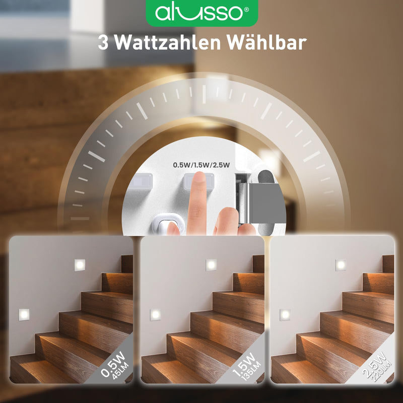 ALUSSO Set of 6 LED Stair Lighting 230 V Dimmable 3CCT Warm White Neutral White Cool White Stair Light 3 W 0.5 W 1.5 W 2.5 W IP44 Stair Lighting Stair Light Recessed Wall Light, Square White