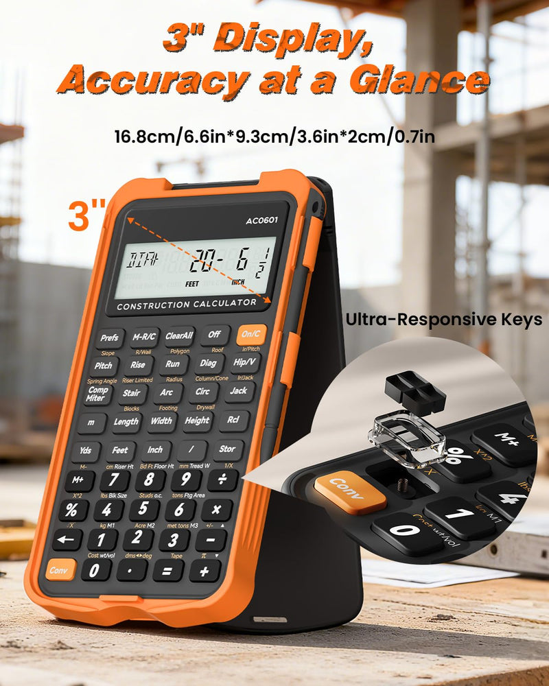 Construction Calculator with Writing Tablet Industrial & Scientific ROATEE Engineering Calculator for Contractor, Concrete Pocket Feet-inch-Fraction Calculators for Carpenter, Framer, Remodeler Gray Orange