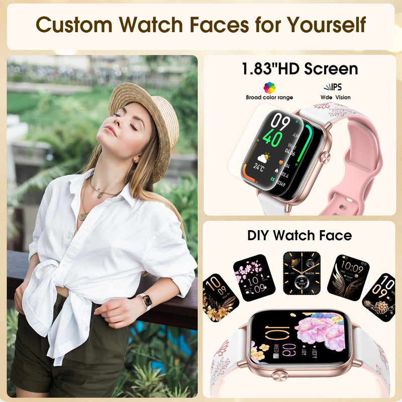 Smart Watches for Women,1.83" HD Watch with Calls and Messages/Heart Rate/Sleep/Female Cycle,Fitness Tracker Smartwatch for Android/iOS Compatible,Gold & Pink