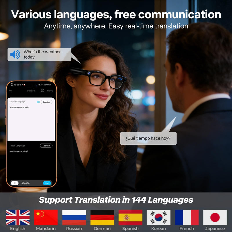 Ai Smart Glasses with Camera, 4K 8MP HD Photo and Video Recording with Real-Time Translation/Object Recognition/AI Voice Q&A/Recording, Calls and Music, UV & Blue Light Protection, Photochromic lens Shine Black M08