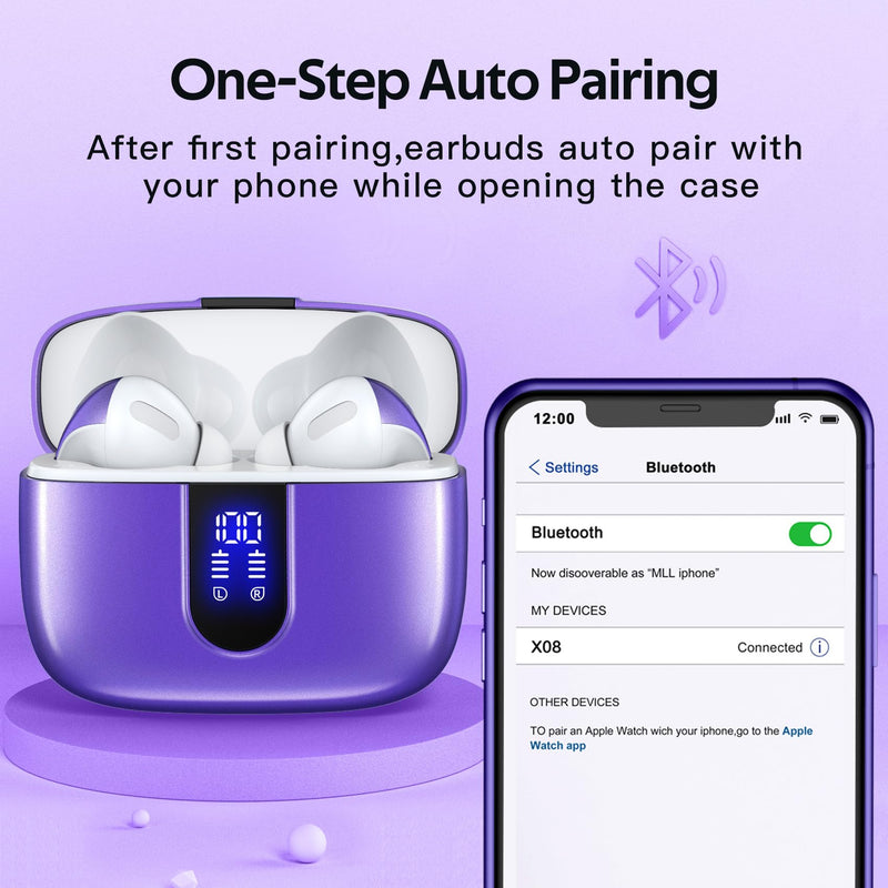 TAGRY 2 Sets X08 Purple and Phantom Purple Bluetooth Headphones True Wireless Earbuds 60H Playback Ear Buds with Wireless Charging Case in-Ear Earbuds with Mic