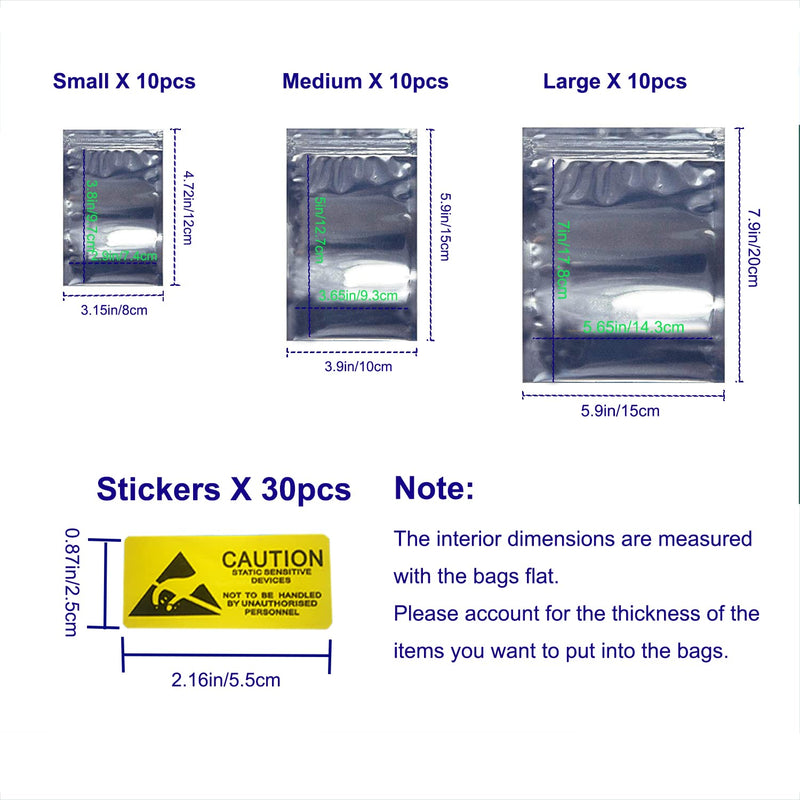 Antistatic Bags ESD Shielding Bag with Anti-Static Labels for Hard Drive SSD HDD Motherboard Video Card RAM Electronic Devices (30pc 3 Sizes ziplock) 30pc 3 sizes ziplock