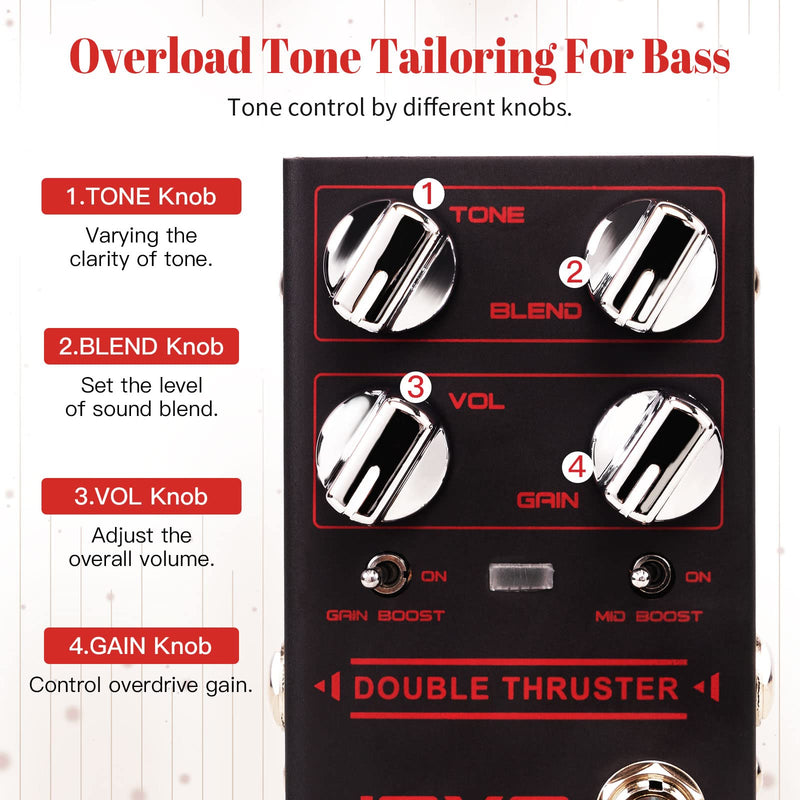 JOYO Bass Guitar Pedals High Gain Overdrive Effect Pedal with Independent Mid Frequency and Gain Boost for Bassist Electric Guitar Bass (DOUBLE THRUSTER R-28) Bass,Overdrive Brown