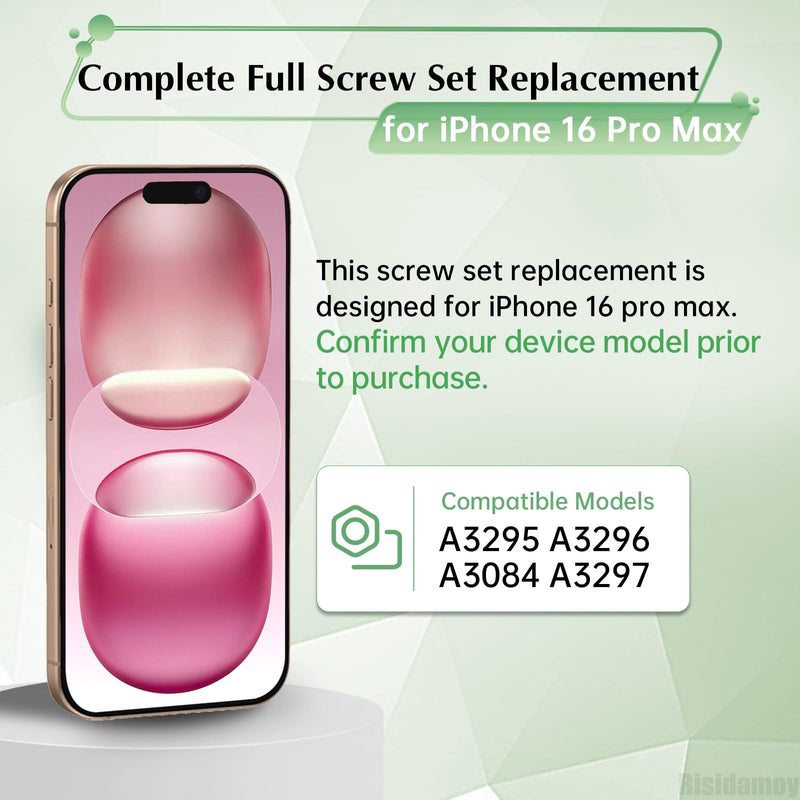 for iPhone 16 Pro Max Complete Full Screw Set Replacement | Pentalobe Bottom Screws Inner Repair Part with 4 Screwdrivers for 16promax A3295 A3296 A3084 A3297