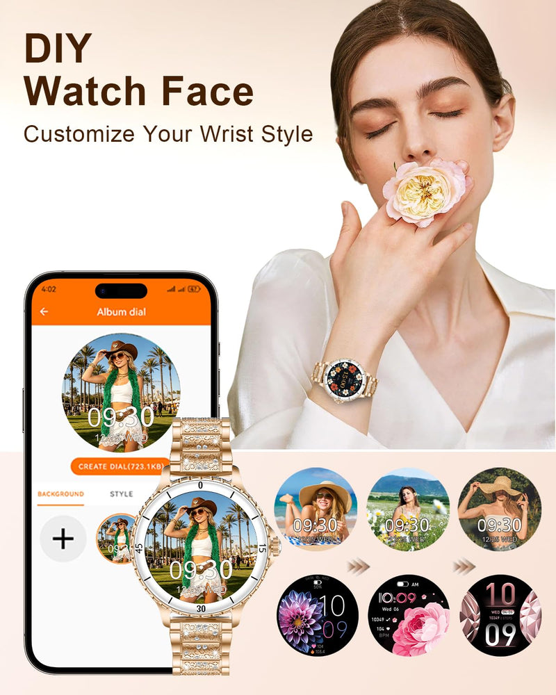 Smart Watches for Women(Answer/Make Call) with Diamond, 1.27" HD Bluetooth Smartwatch for Android iOS Phones, IP68 Fitness Tracker with Heart Rate SpO2 Sleep Monitor, 120+ Sport, Rosegold Rose Gold