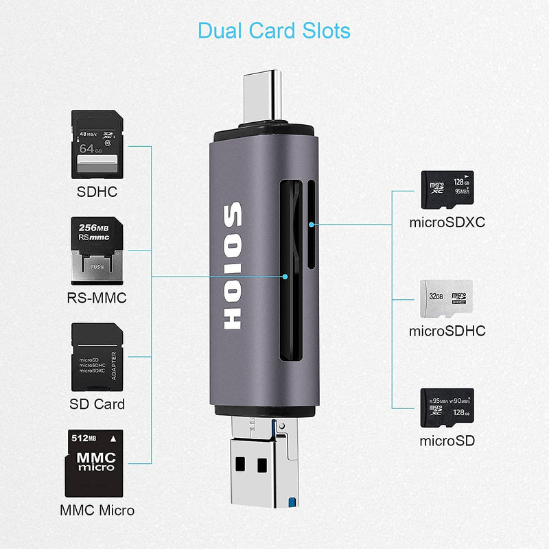 SD Card Reader USB-C,3-in-1 Memory Card Reader with Tri-Connectors, USB 3.0 Card Reader Adapter for SDXC,Micro SDXC,Compatible with Windows,Mac OS ,Linux, Android,Silver Gray