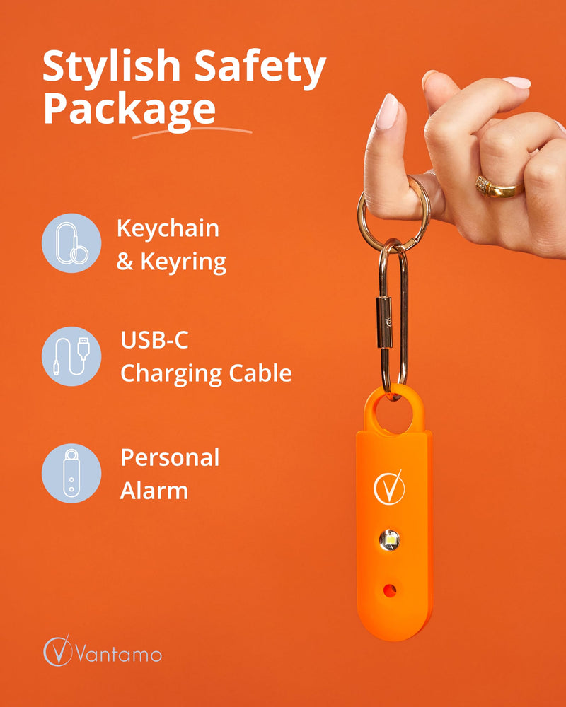 Vantamo Personal Alarm for Women - Extra Loud Double Speakers, First with Low Battery Notice with Strobe Light, Rechargeable - Safety Alarm Keychain (Tangerine) Tangerine