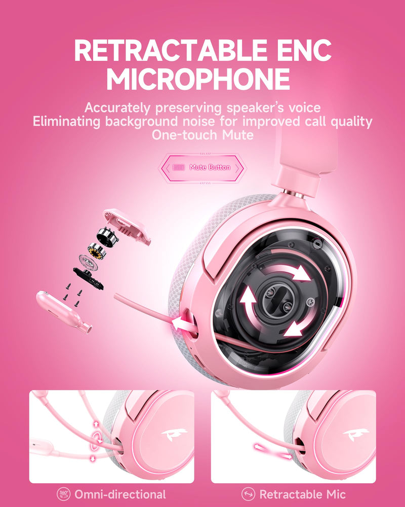 [AUSTRALIA] - Wireless Gaming Headset, 7.1 Surround Sound, 2.4GHz USB Gaming Headphones with Bluetooth 5.4, 100H Battery, ENC Noise Canceling Mic, RGB Light, Wireless Headset for PC PS5 PS4 Mac Switch (Gray-Pink) White-Pink 