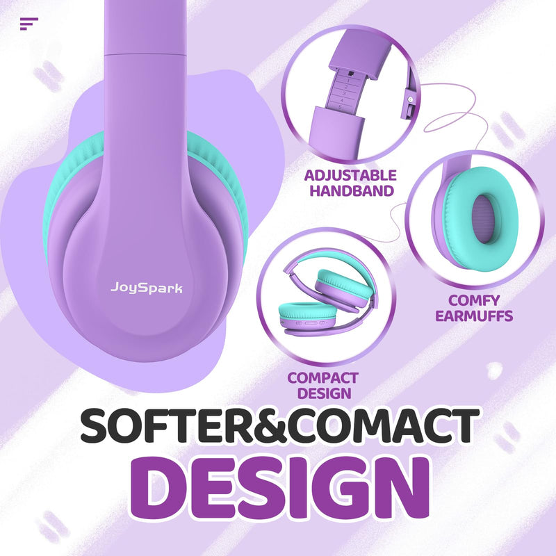 JoySpark Kids Bluetooth Headphones, Lightweight Kids Wireless Headphones for Kids, 85/94dB Volume Limited, 60 Hours Playtime, Bluetooth 5.3, Over-Ear Toddler Headphones with Built-in Mic-Purple Purple