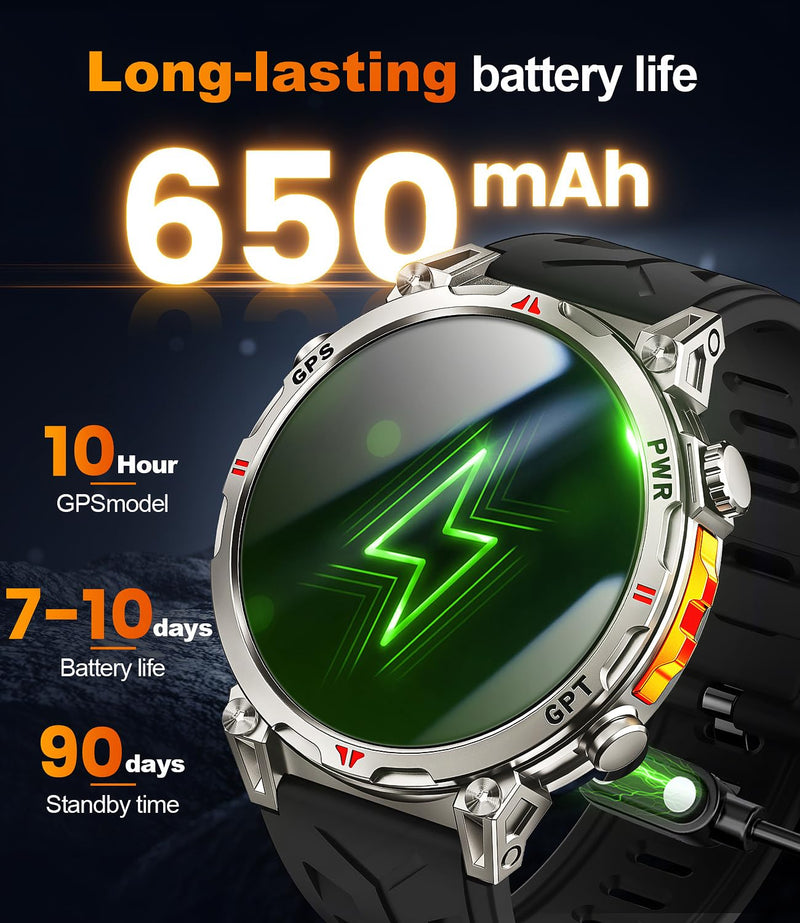 Military Smart Watches for Men GPS, 1.56" AMOLED Screen Bluetooth Call, Smartwatch for Android Phones and iPhone, 100+ Sport Modes, 3ATM Waterproof Smart Watch with Compass Black & Orange