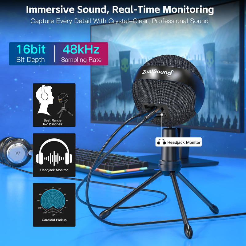 [AUSTRALIA] - ZealSound RGB USB Microphone for iPhone/PC,Mic for Phone,ASMR,Gaming,Noise Cancel Microphones with Touch Mute/Echo/Volume Gain,Real Time Monitor,Podcast,Zoom YouTube Discord Twitch Video 