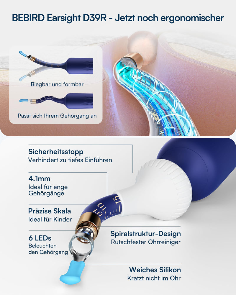 BEBIRD Earsight Plus D39R Ear Wax Remover Otoscope, 1920P HD Flexible Ear Cleaner Camera with Tweezers, Ear Cleaner Camera for Ear/Nose/Neck Examinations (Blue) Blue