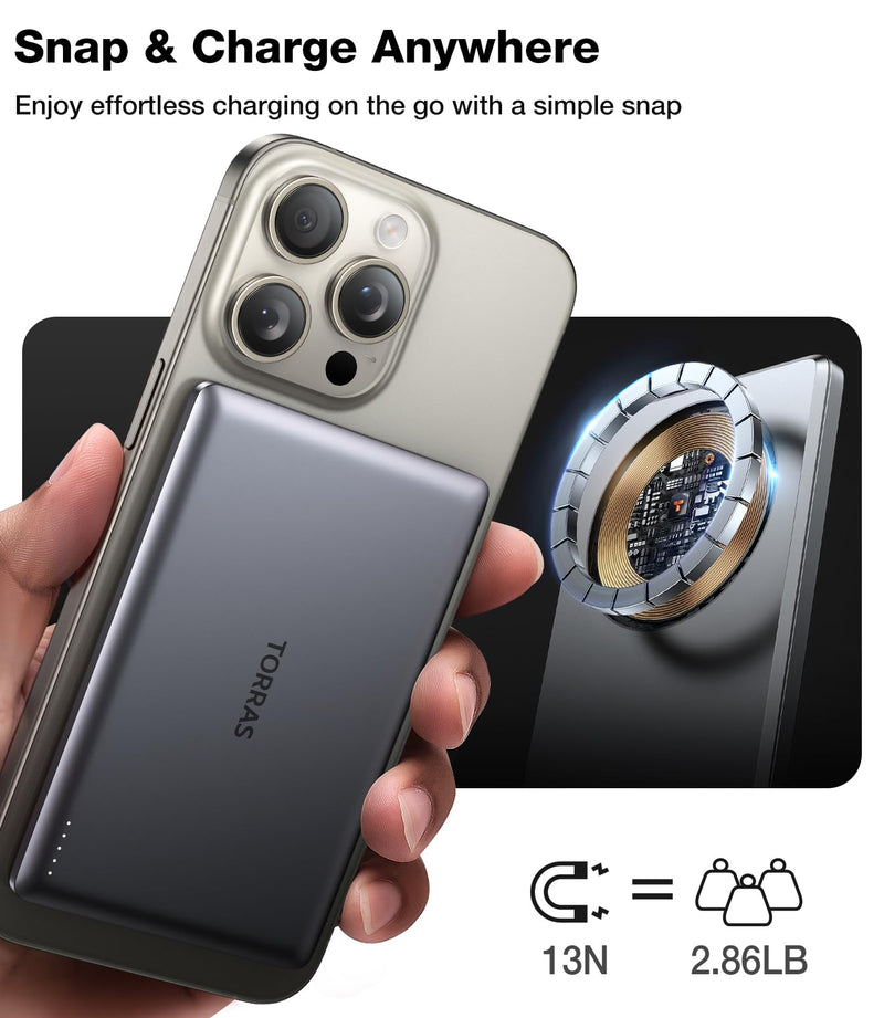 TORRAS MiniMag Power Bank, Ultra Slim 5,000mAh Wireless Portable Charger with USB-C Cable, Fast Charging Magnetic Battery Pack, Magsafe-Compatible Charger for iPhone 16/15/14/13/12, Glacier Gray