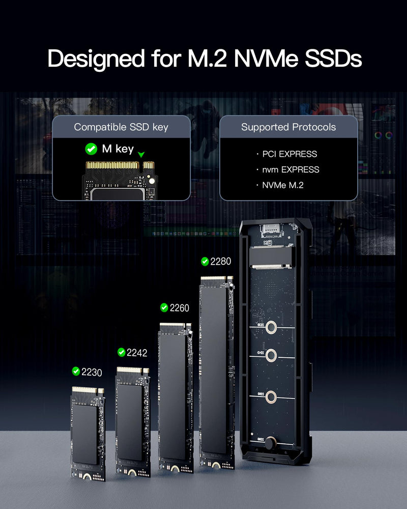 Inateck M.2 NVMe SATA SSD Enclosure with RGB,USB 3.2 Gen 2 (10 Gbps) Enclosure Support UASP Trim for NVME/SATA SSDs 2242/2260/2280(M Key), Tool-free Installation(Up to 4TB)，FE2024 Housing with RGB function