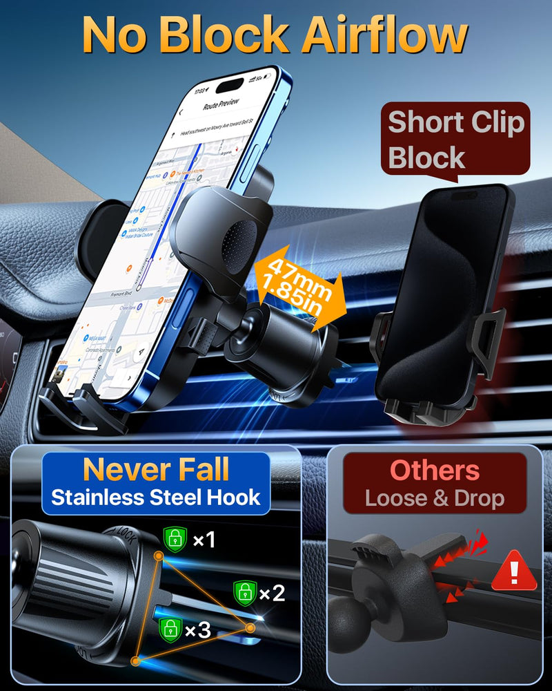YRU 90+LBS Military-Grade Anti-Shake 2026 Upgraded Car Phone Holder Mount | Safest Strongest Patent Certs 360° Rotatable Suction Dashboard Windshield Vent for iPhone 17 16 Pro Max Samsung, Matt Black
