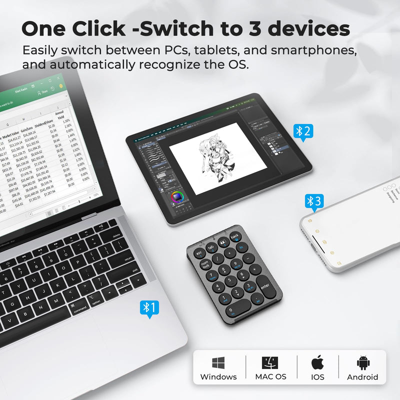 iClever Bluetooth Number Pad, Portable 22-Key Wireless Numeric Keypad, Gray | 3-Device Switching, Round Keys, USB-C Rechargeable, Custom Shortcut Stickers, Mini Numpad for MacBook, Laptop, PC & Surface Grey / Black
