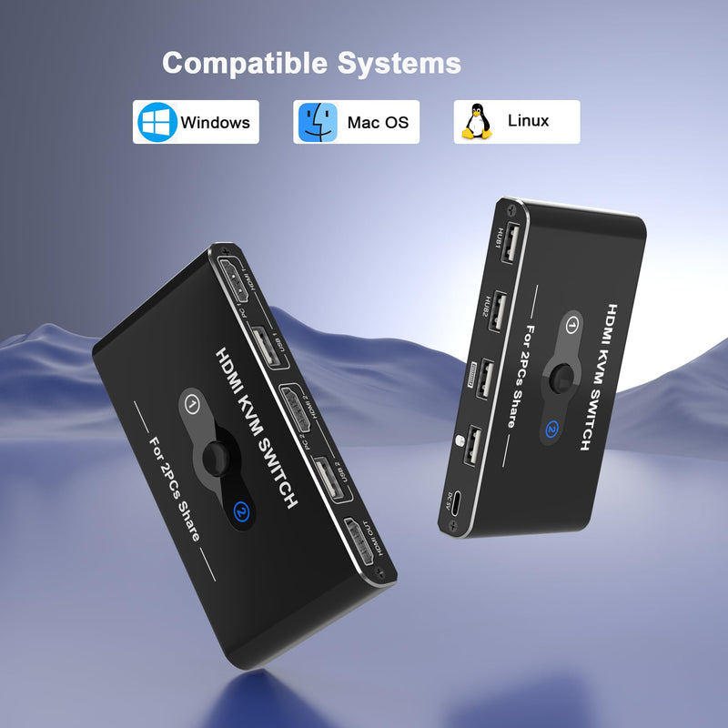 KVM Switch for 1 Monitor 2 Computers, 4K@60Hz HDMI KVM Switcher, HDMI USB Hub Switches for PC/Mac Pro/Laptop, Plug and Play, Share Keyboard Mouse Printer, with 2 USB Cables and 2 HDMI Cables
