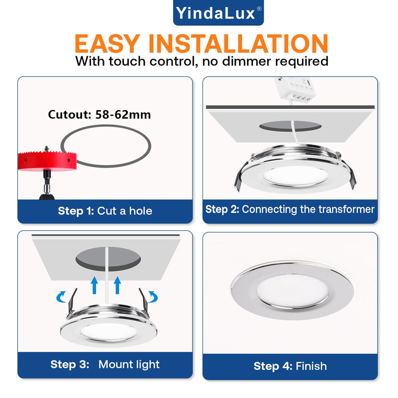 [AUSTRALIA] - YindaLux LED Recessed Spotlight 12 V Touch Control Warm White Neutral White Cool White LED Spot Dimmable 3 W IP44 Recessed Spotlights 60 mm Hole Size Recessed Lights for Caravan Kitchen Aluminium Chrome 