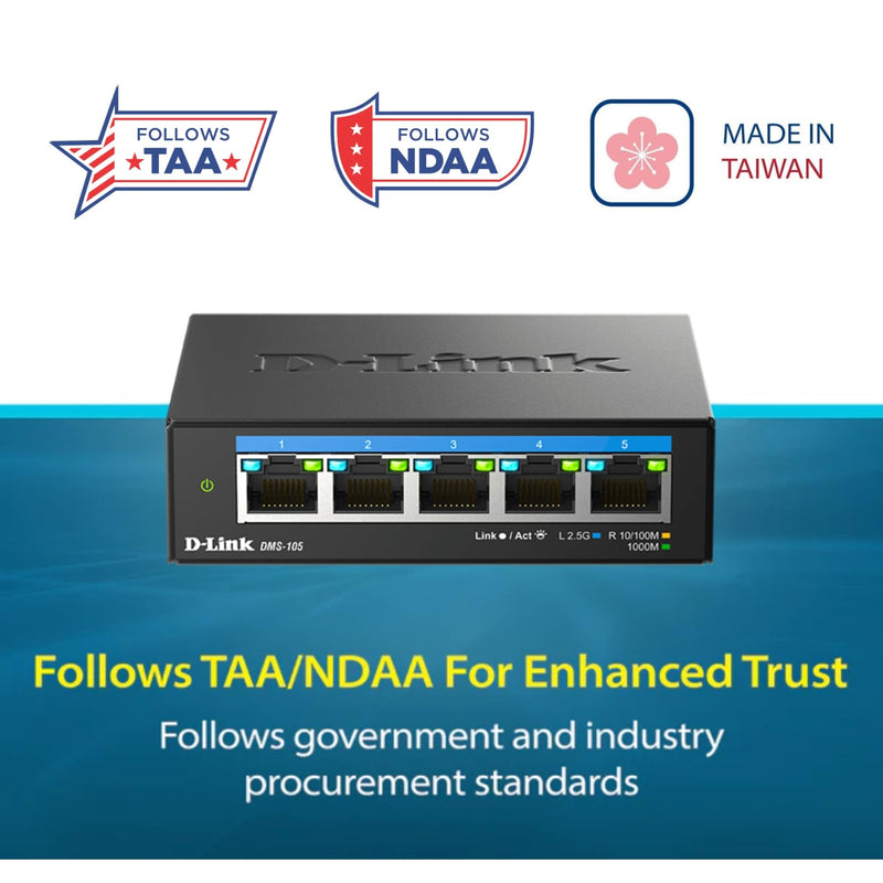 D-Link 5-Port 2.5G Unmanaged Ethernet Switch for Office, Media or Gaming | (DMS-105) Multi-Gig Fanless Sturdy Metal, Desktop/Wall, LED Speed Indicator, QoS, Shielded Ports, Energy Saving, Plug&Play 5 Port Multi-Gig 2.5Gb